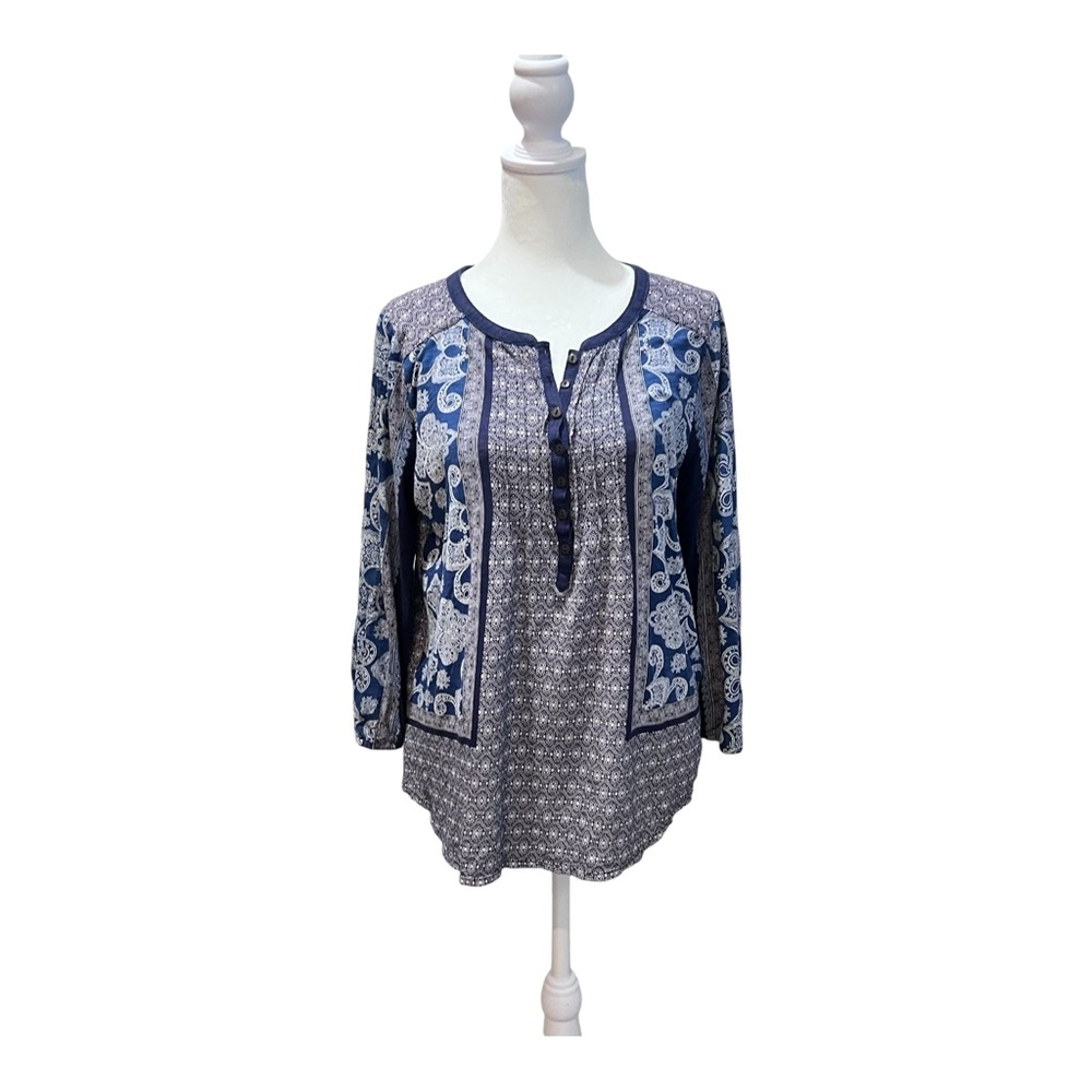 Lucky Brand Blue and White Paisley‎ Patterned Cotton Henley Boho Size Small
